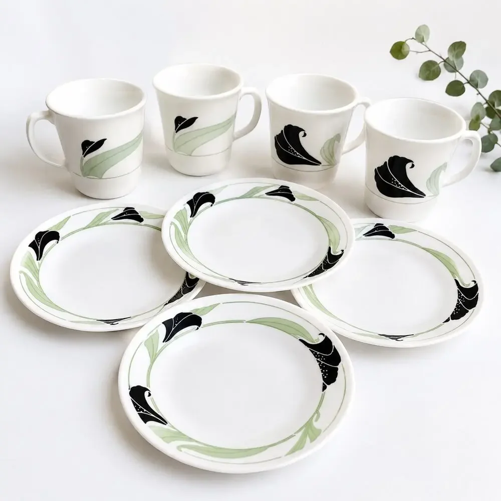 Vintage Corelle by Corning Black & Green Floral Mug and Plate Set | 8 Piece Lot